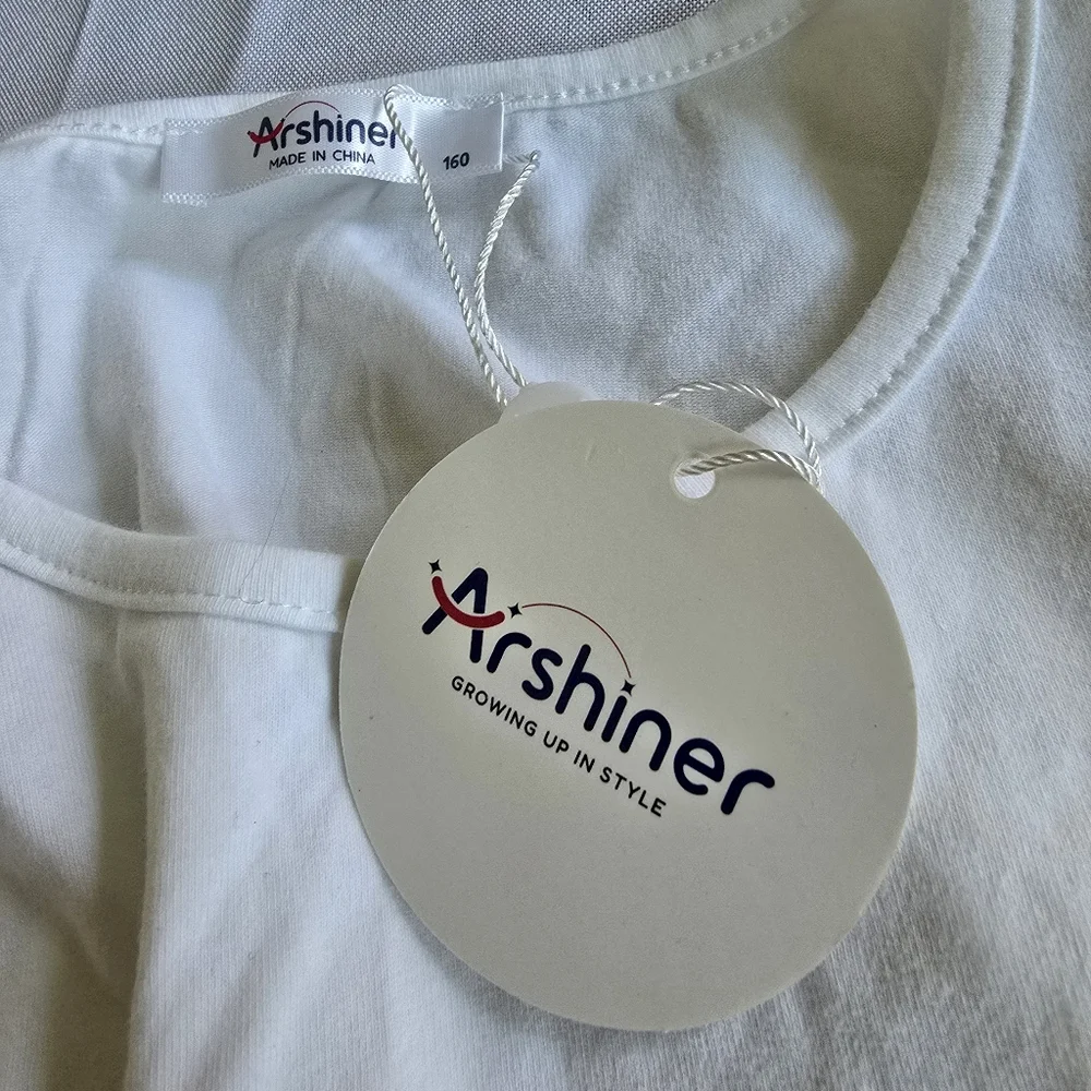 NEW Arshiner White Dress Girl's 12/13 Years (160) Short Ruffle Sleeve, Pockets